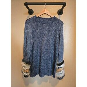 Boston Proper faux fur cuffed sweater in shiny blue size medium